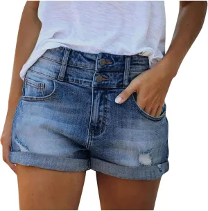 Black Denim Shorts for Women High Waisted Stretchy Fashionable Ripped Boyfriend Jeans Shorts Plain Color Rolled Up Hem Hot Shorts Summer Shorts for Teen Girls