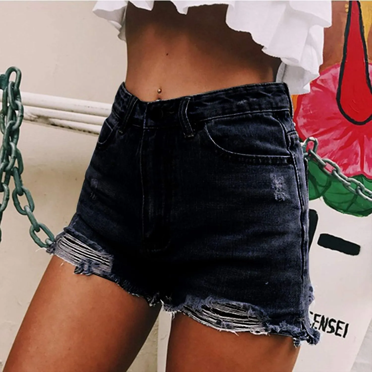 Black Denim Shorts for Women Low Rise Ripped Stretchable Mom Shorts Jeans Solid Fashionable Raw Hem Slim Shorts