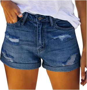 Black Shorts for Women Denim Ripped High Waisted Stretchable Vintage Short Jeans Plain Color Casual Folded Hem Hot Short Pants Summer Shorts for Teen Girls