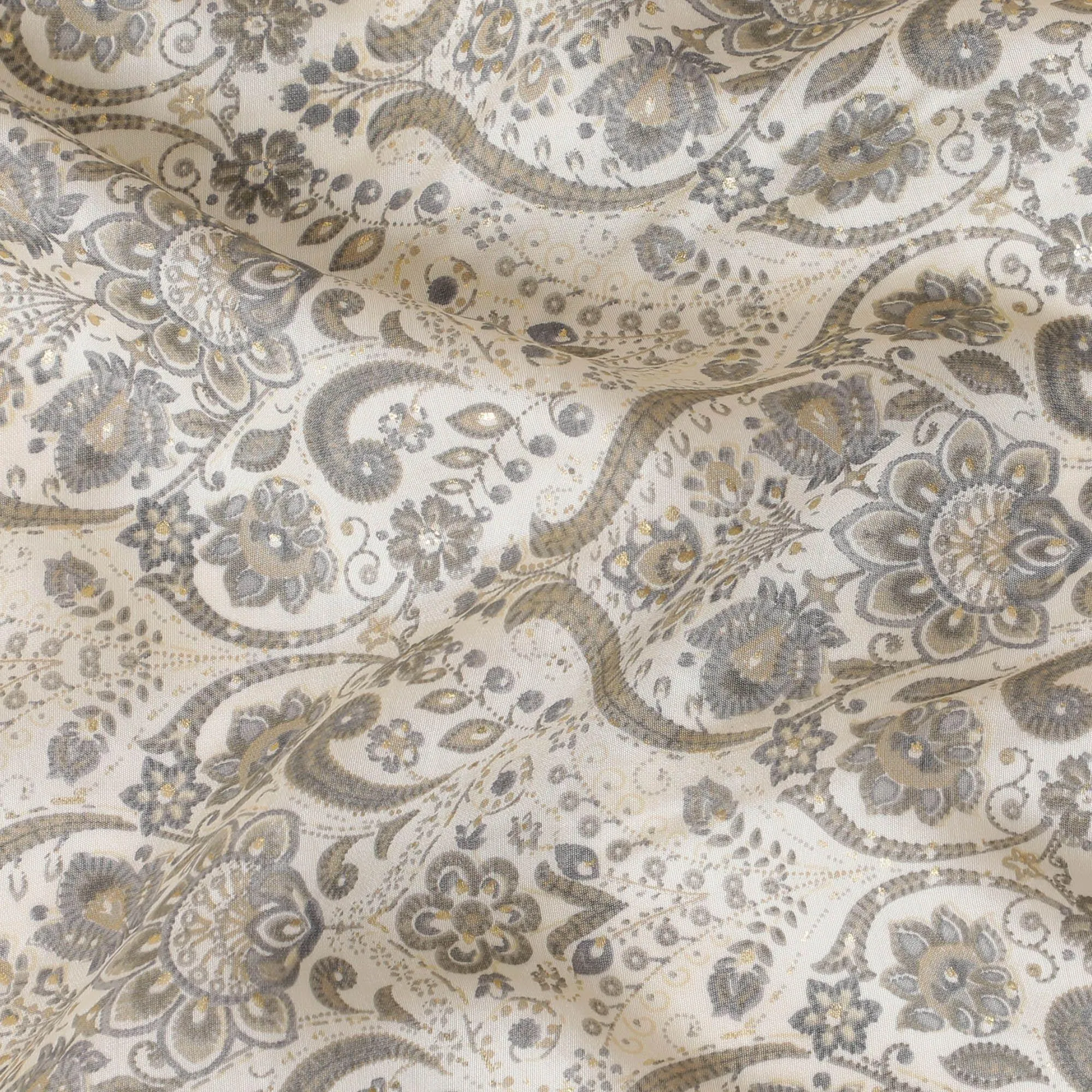 Cream synthetic blended cotton fabric with olive green print in floral design-D16406