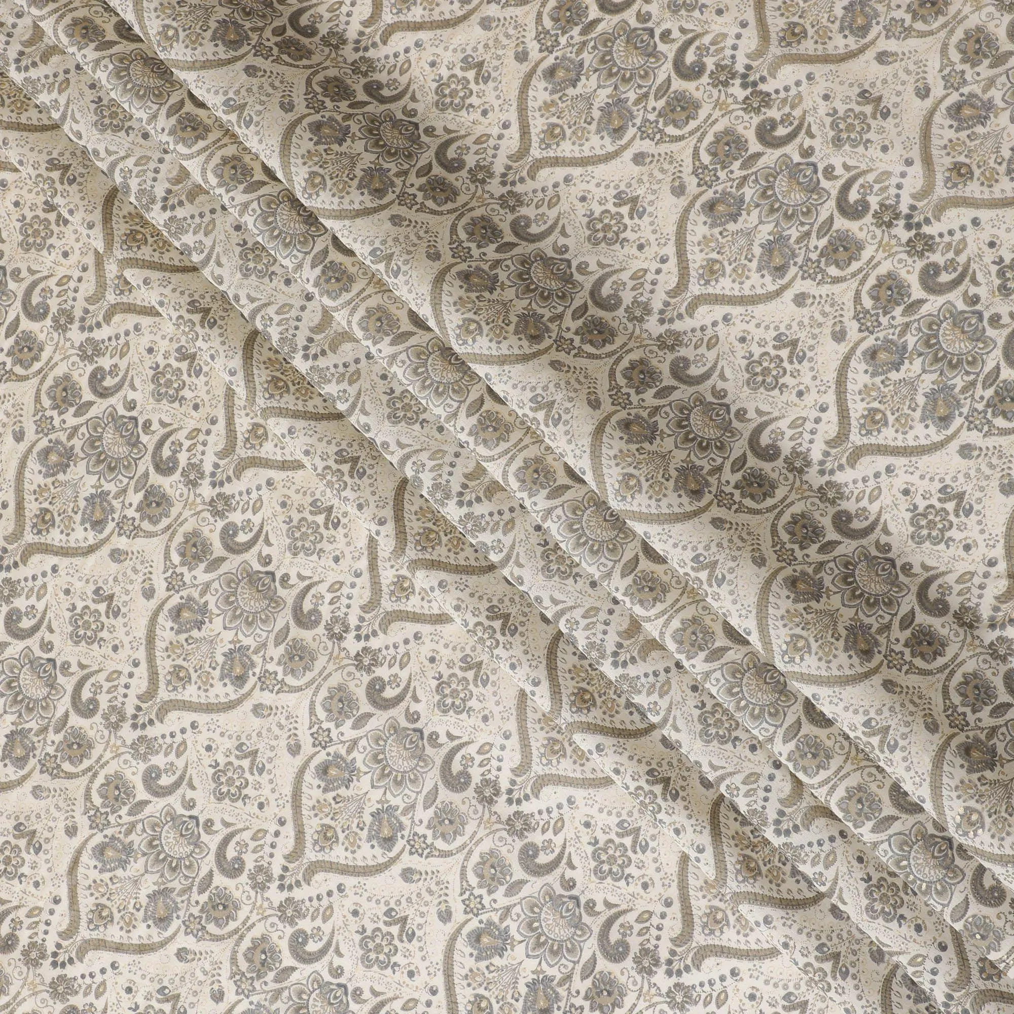 Cream synthetic blended cotton fabric with olive green print in floral design-D16406