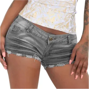 Denim Shorts for Teen Girls Mid Waist Ripped Stretchy Distressed Shorts Jeans Pure Color Cute Raw Hem Slim Shorts