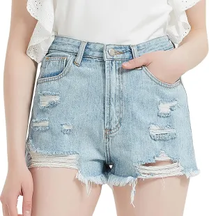 Denim Shorts for Teen Girls Mid Waist Ripped Stretchy Distressed Shorts Jeans Pure Color Cute Raw Hem Slim Shorts