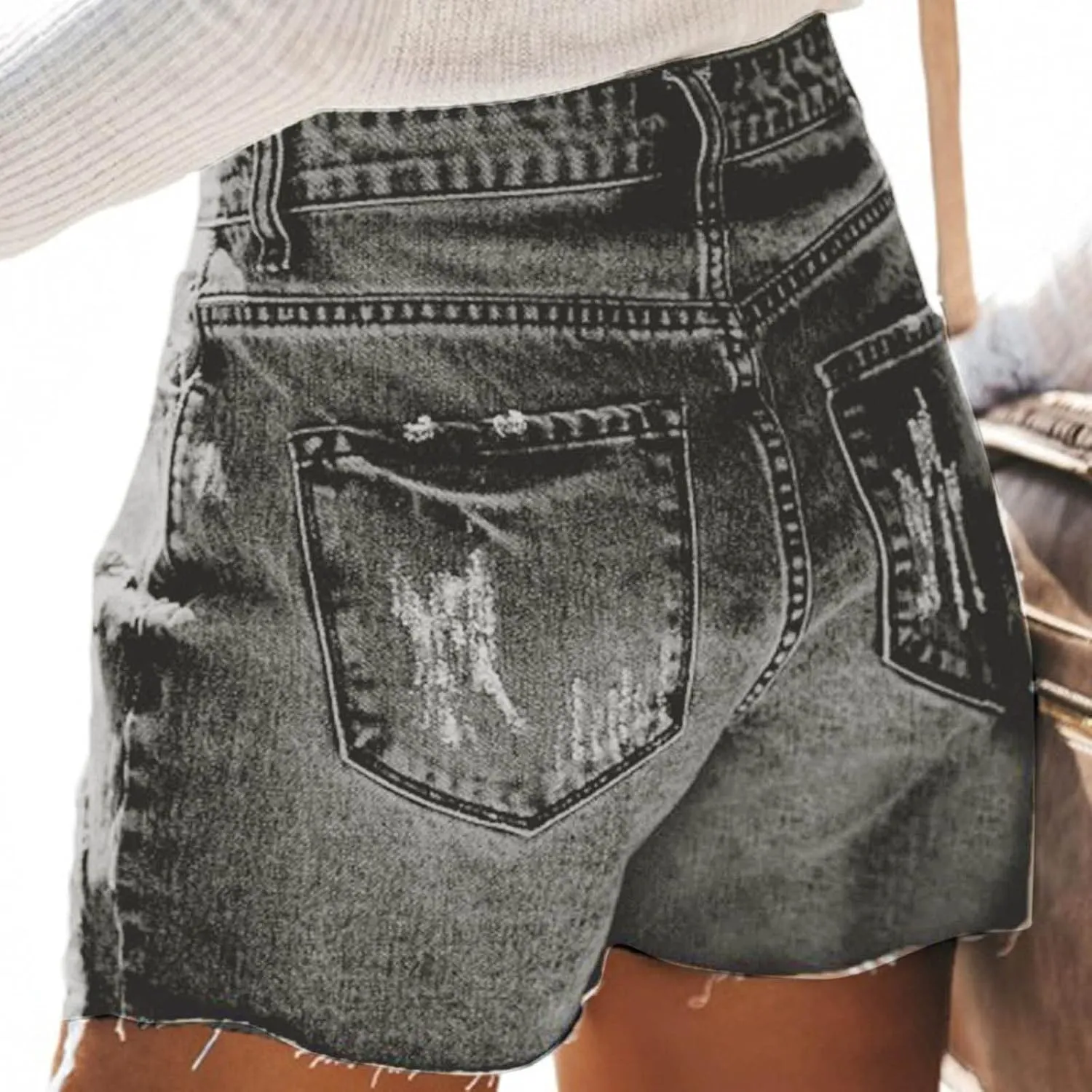 Denim Shorts Women High Waisted Ripped Hole Stretchy Mom Jean Shorts Pure Color Casual Frayed Hem Slim Shorts