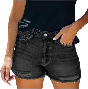 Denim Shorts Women Plus Size Cute Low Rise Stretchable Vintage Jeans Shorts Plain Color Raw Hem Hot Short Pants