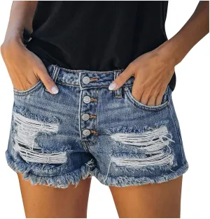 Denim Shorts Women Sexy Cute Mid Waisted Stretch Boyfriend Jean Shorts Pure Color Frayed Hem Hot Short Pants