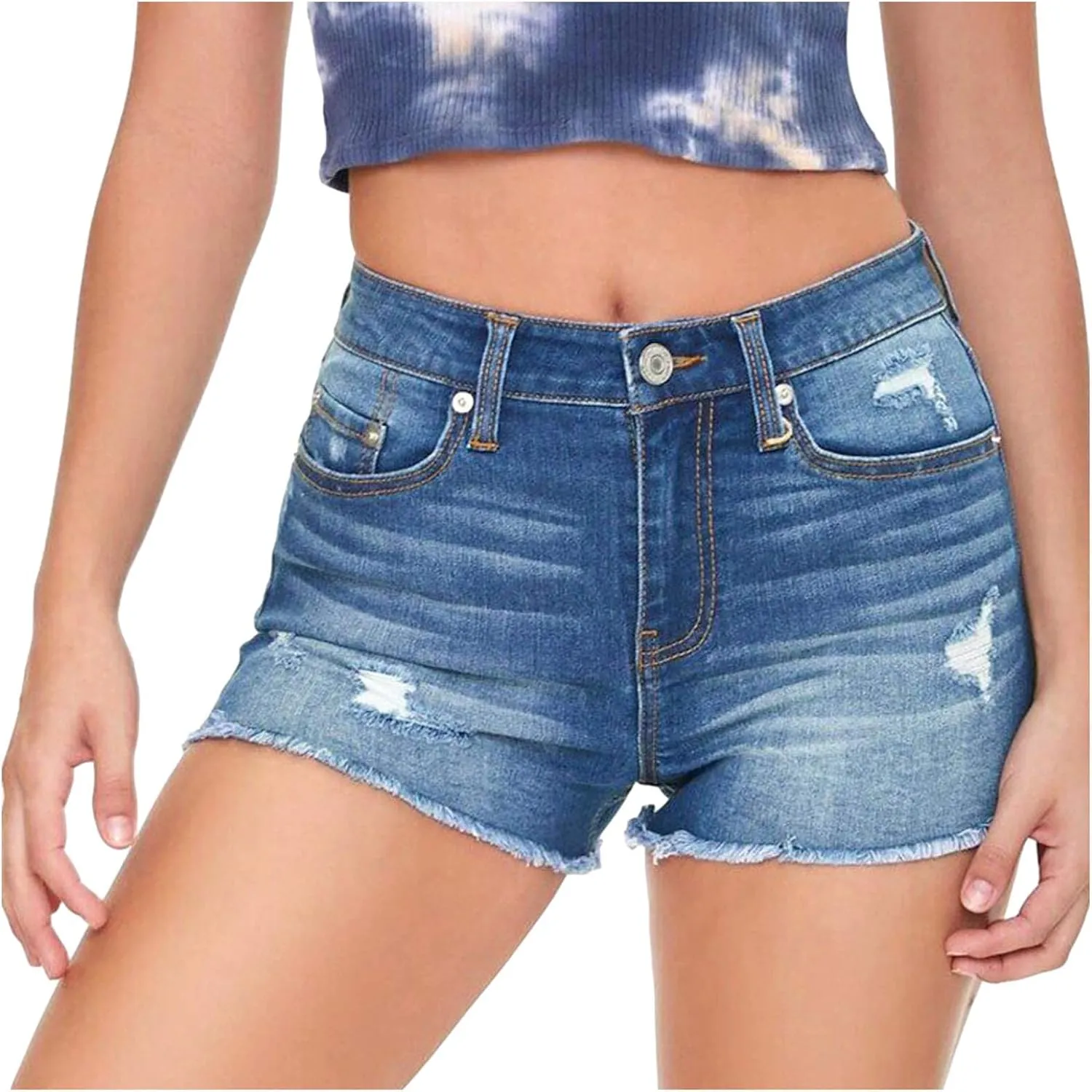 Denim Shorts Women Sexy Fashionable High Rise Stretchy Boyfriend Shorts Jeans Plain Color Fray Hem Slim Shorts