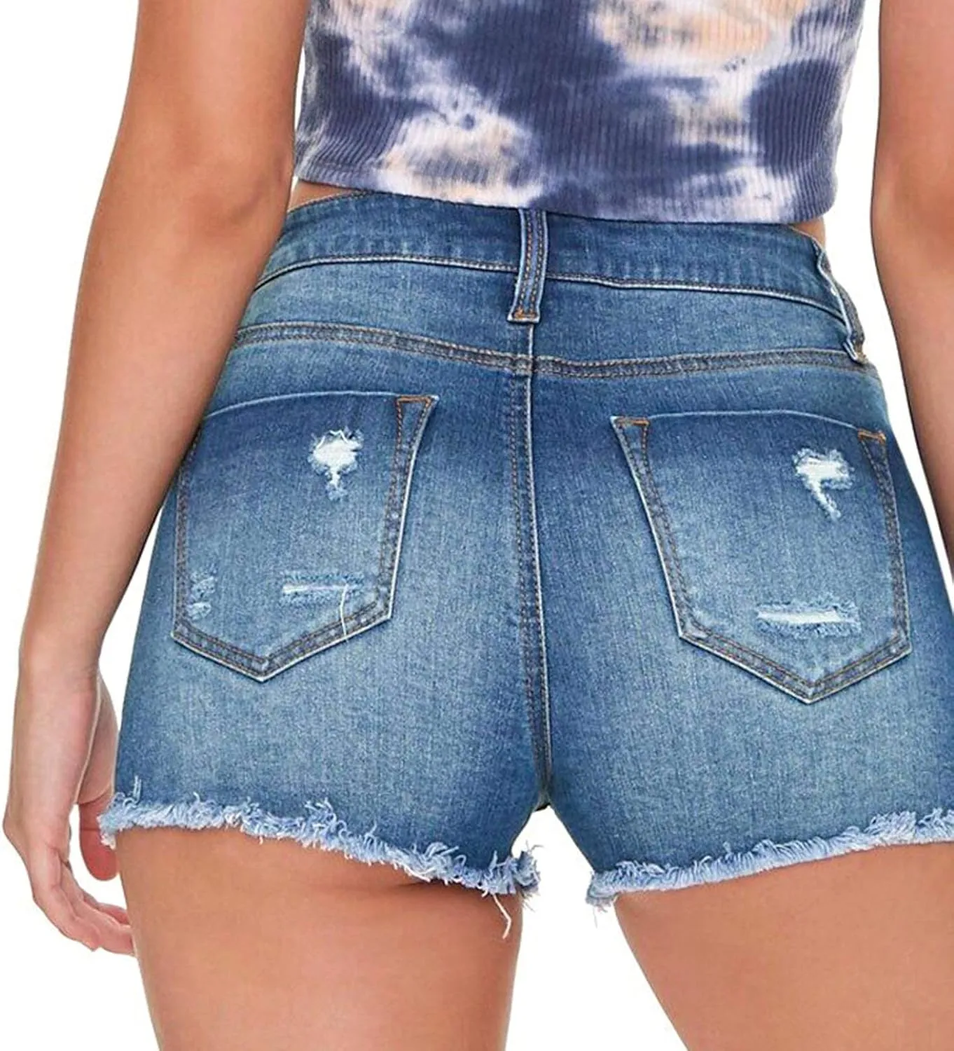Denim Shorts Women Sexy Fashionable High Rise Stretchy Boyfriend Shorts Jeans Plain Color Fray Hem Slim Shorts