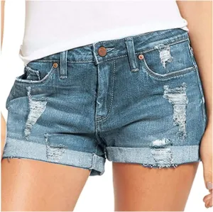 Denim Shorts Women Stretchy Casual Ripped High Waisted Vintage Shorts Jeans Plain Color Rolled Hem Slim Shorts Womens Shorts for Summer