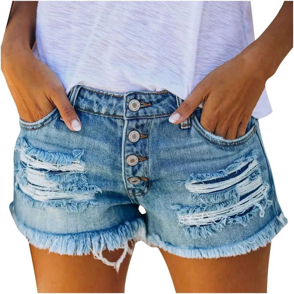 Denim Shorts Women Stretchy Solid High Waisted Trendy Mom Shorts Jeans with Pockets Fray Hem Hot Shorts Summer Shorts for Women 2023
