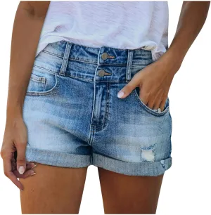 Denim Shorts Women Stretchy Trendy Ripped High Waisted Mom Jean Shorts Solid Rolled Up Hem Hot Short Pants Summer Shorts for Women 2023