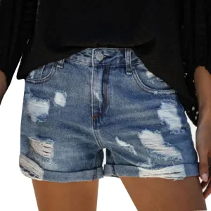 Denim Shorts Women Stretchy Trendy Ripped Low Rise Boyfriend Short Jeans Plain Color Rolled Hem Hot Shorts Summer Shorts for Women 2023