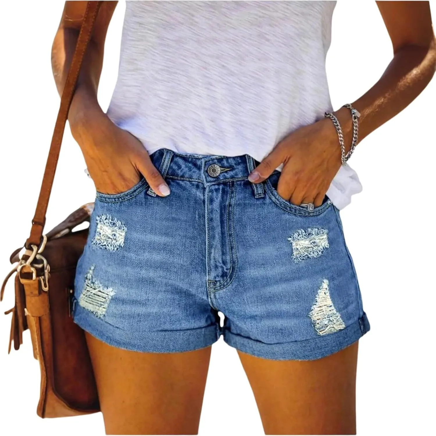 Denim Shorts Women Summer High Rise Blue Jean Shorts with Pockets Western Distressed Ripped Straight Leg Short Jeans