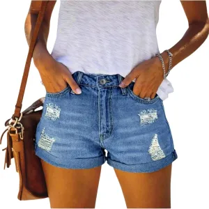 Denim Shorts Women Summer High Rise Blue Jean Shorts with Pockets Western Distressed Ripped Straight Leg Short Jeans