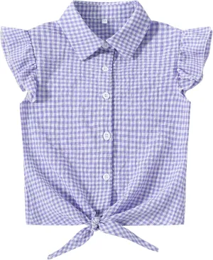 Girls Sleeveless Button Down Shirt Plaid Crop Tank Tops Summer Tie Knot Ruffle Sleeve Shirts Blouses
