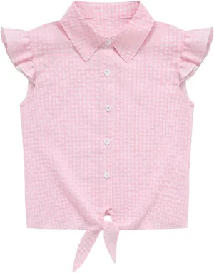Girls Sleeveless Button Down Shirt Plaid Crop Tank Tops Summer Tie Knot Ruffle Sleeve Shirts Blouses