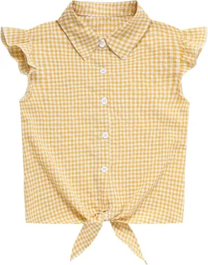 Girls Sleeveless Button Down Shirt Plaid Crop Tank Tops Summer Tie Knot Ruffle Sleeve Shirts Blouses