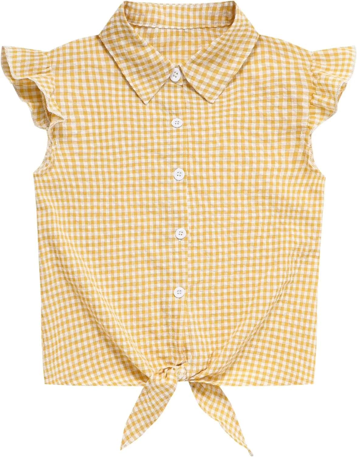 Girls Sleeveless Button Down Shirt Plaid Crop Tank Tops Summer Tie Knot Ruffle Sleeve Shirts Blouses