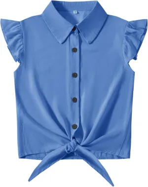 Girls Sleeveless Button Down Shirt Plaid Crop Tank Tops Summer Tie Knot Ruffle Sleeve Shirts Blouses