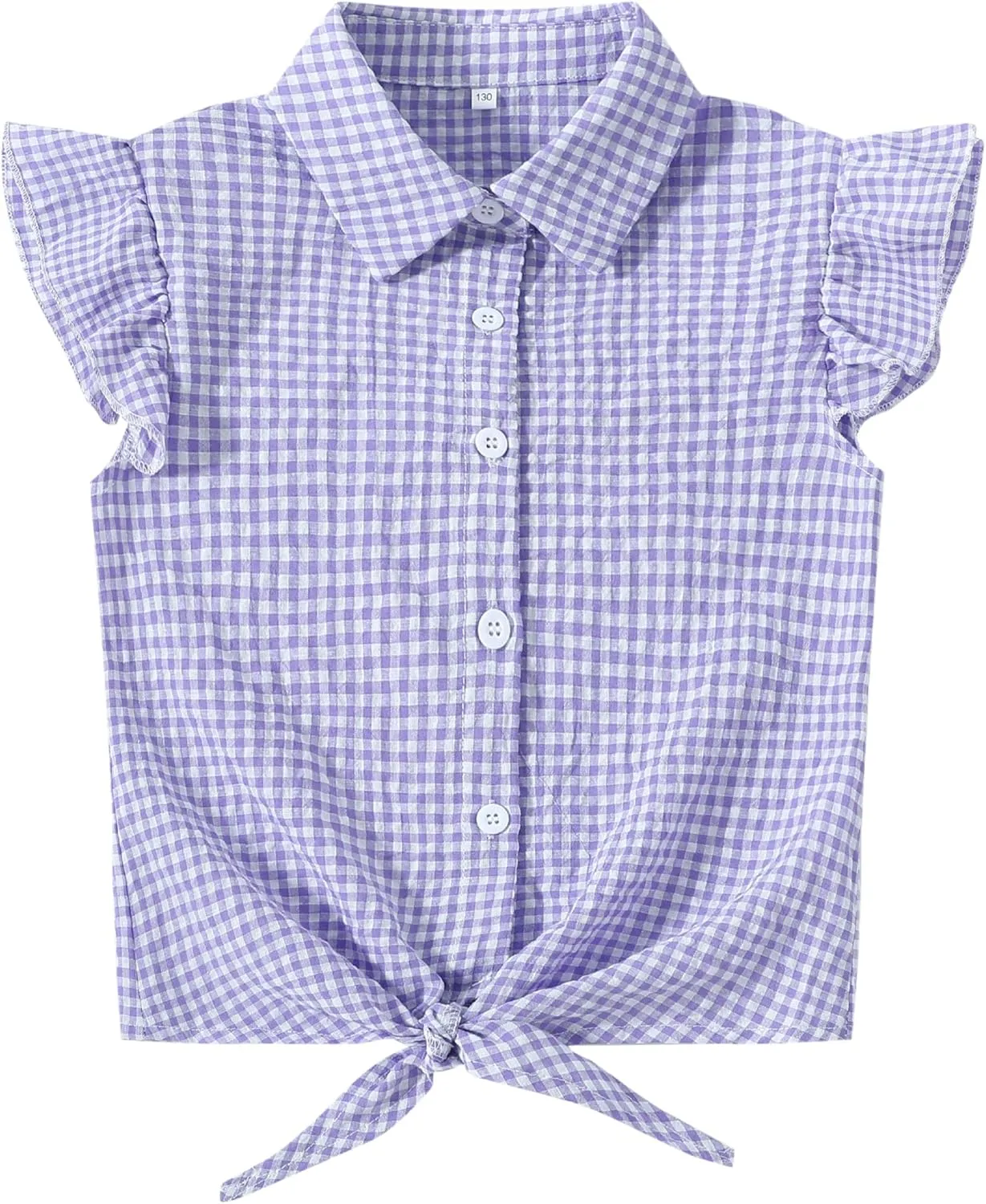 Girls Sleeveless Button Down Shirt Plaid Crop Tank Tops Summer Tie Knot Ruffle Sleeve Shirts Blouses