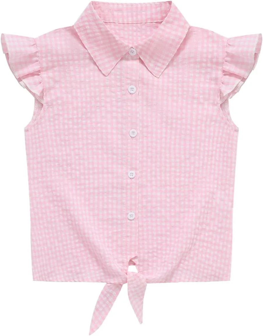 Girls Sleeveless Button Down Shirt Plaid Crop Tank Tops Summer Tie Knot Ruffle Sleeve Shirts Blouses