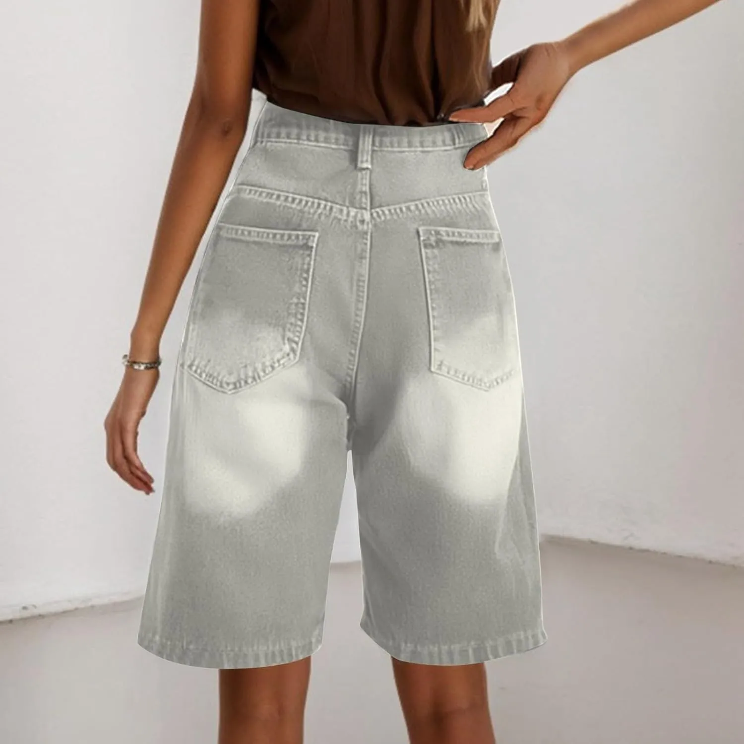 Jeans for Women Trendy Stretchy Vintage Summer Beach Bermuda Shorts Denim Knee Length Fashion Straight Leg with Pockets