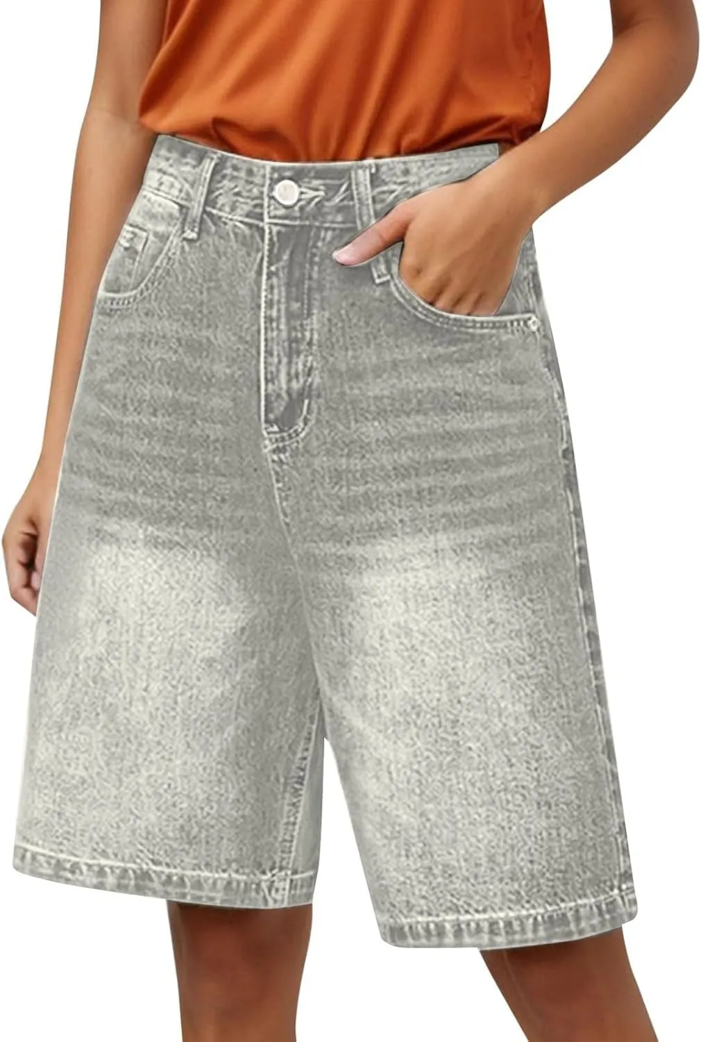 Jeans for Women Trendy Stretchy Vintage Summer Beach Bermuda Shorts Denim Knee Length Fashion Straight Leg with Pockets