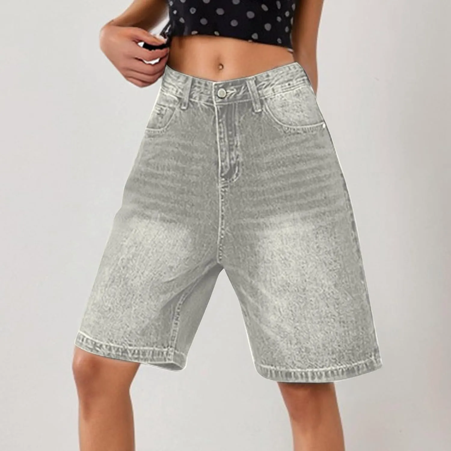 Jeans for Women Trendy Stretchy Vintage Summer Beach Bermuda Shorts Denim Knee Length Fashion Straight Leg with Pockets