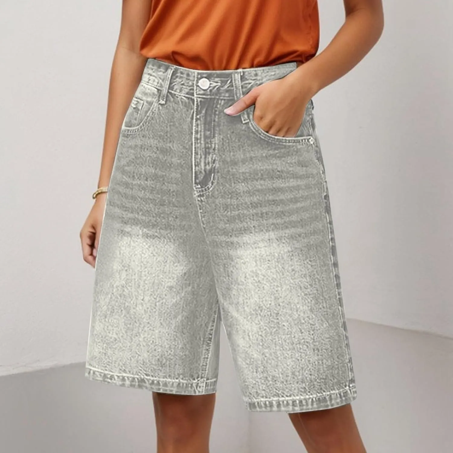 Jeans for Women Trendy Stretchy Vintage Summer Beach Bermuda Shorts Denim Knee Length Fashion Straight Leg with Pockets