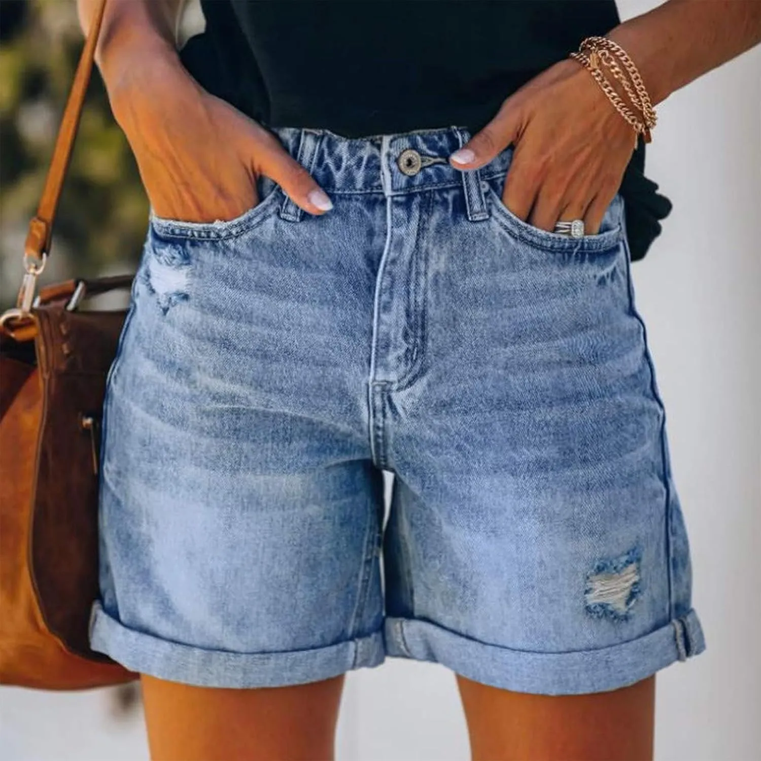 Loose Jeans for Women High Waisted Beach Stretch Distressed Straight Leg Jean Shorts Outdoor Fashion Outfit with Pockets