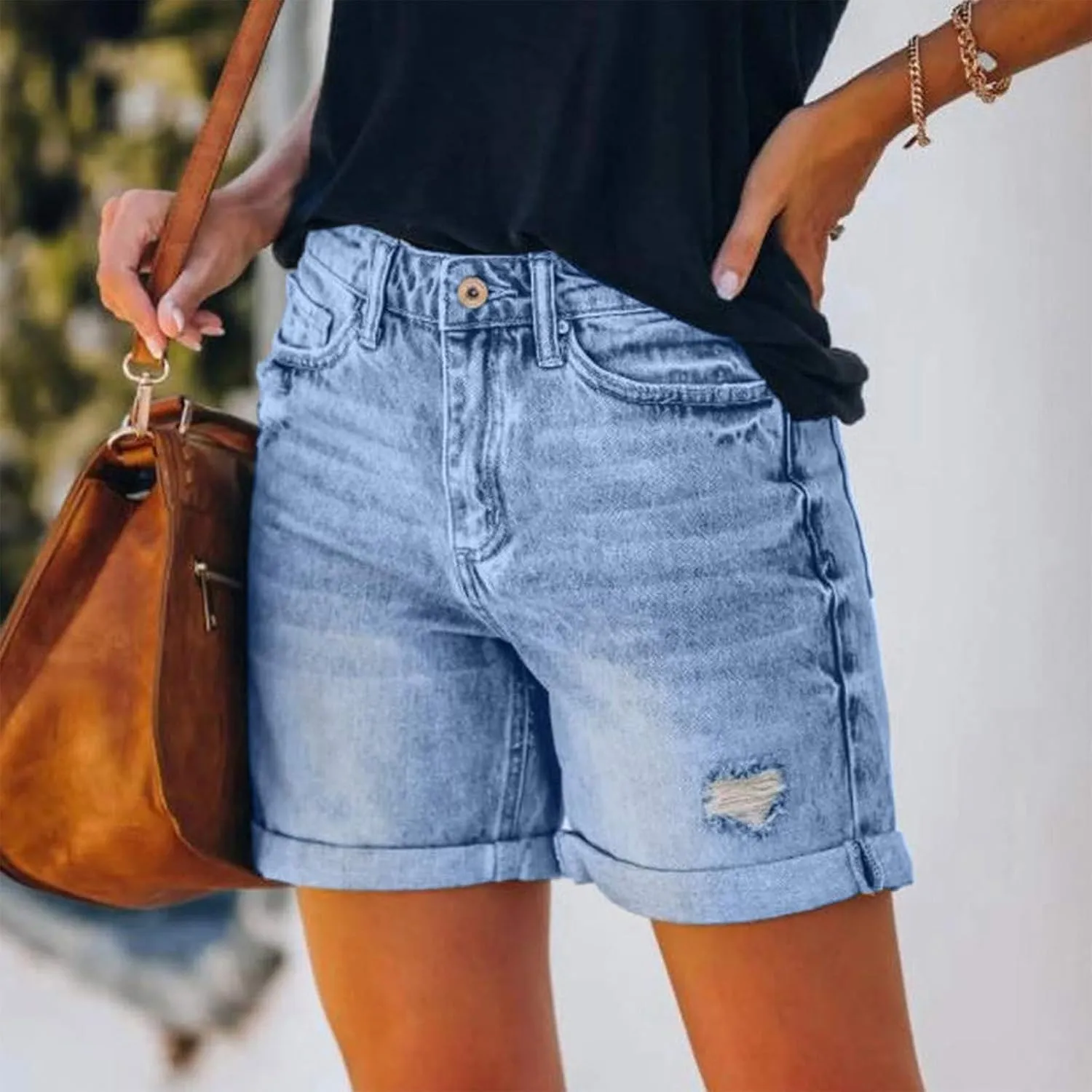 Loose Jeans for Women High Waisted Beach Stretch Distressed Straight Leg Jean Shorts Outdoor Fashion Outfit with Pockets