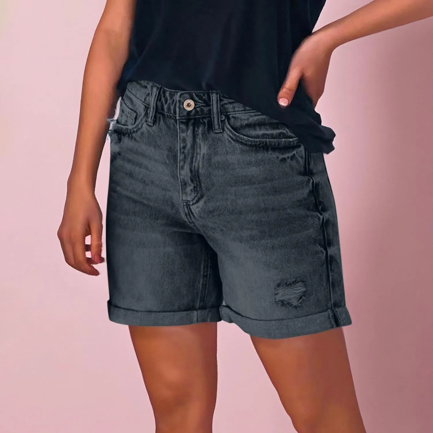 Loose Jeans for Women High Waisted Beach Stretch Distressed Straight Leg Jean Shorts Outdoor Fashion Outfit with Pockets