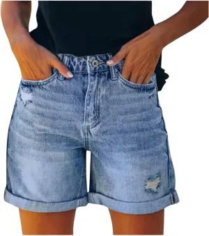Loose Jeans for Women High Waisted Beach Stretch Distressed Straight Leg Jean Shorts Outdoor Fashion Outfit with Pockets