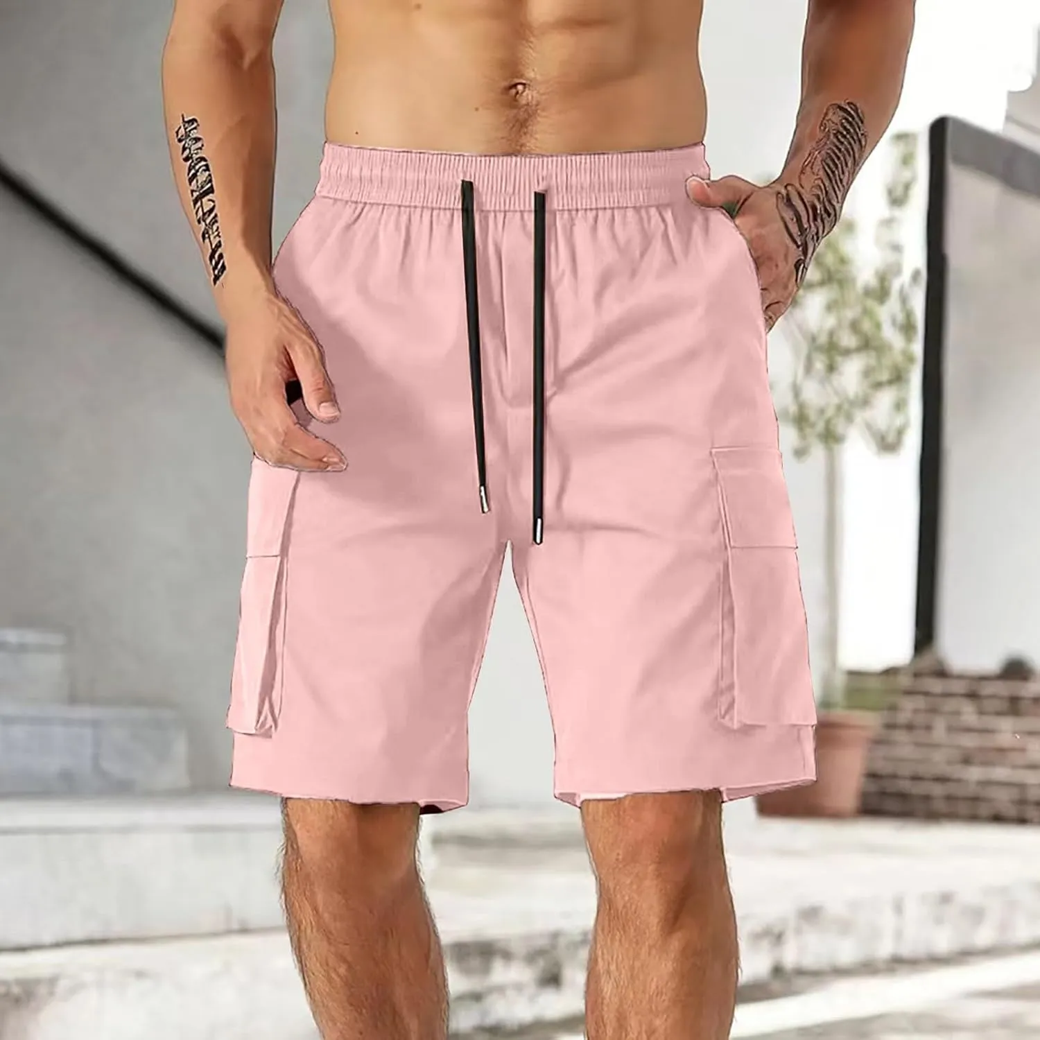 Mens Cargo Work Shorts Elastic Waist Loose Cotton Casual Outdoor Lightweight Golf Hiking Shorts with Multi Pockets