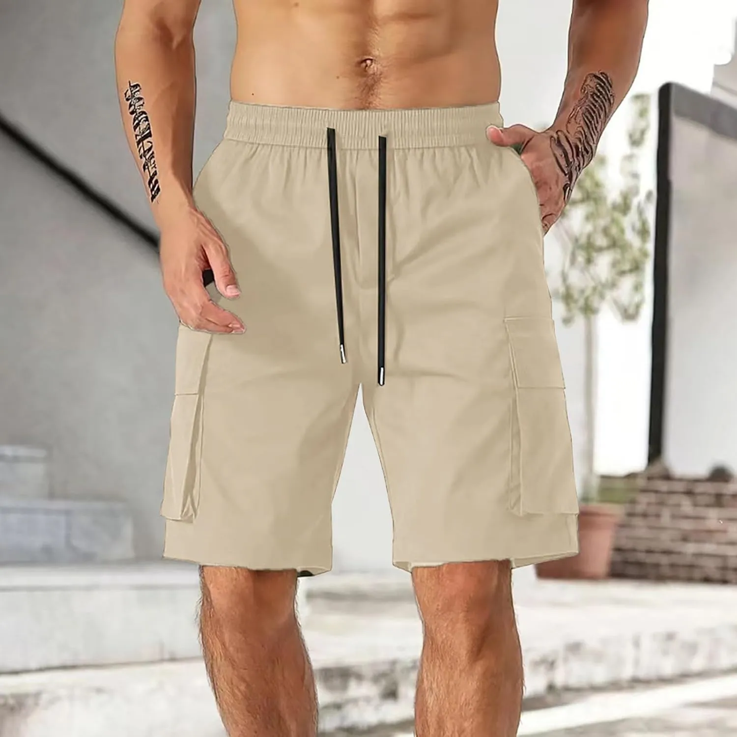 Mens Cargo Work Shorts Elastic Waist Loose Cotton Casual Outdoor Lightweight Golf Hiking Shorts with Multi Pockets