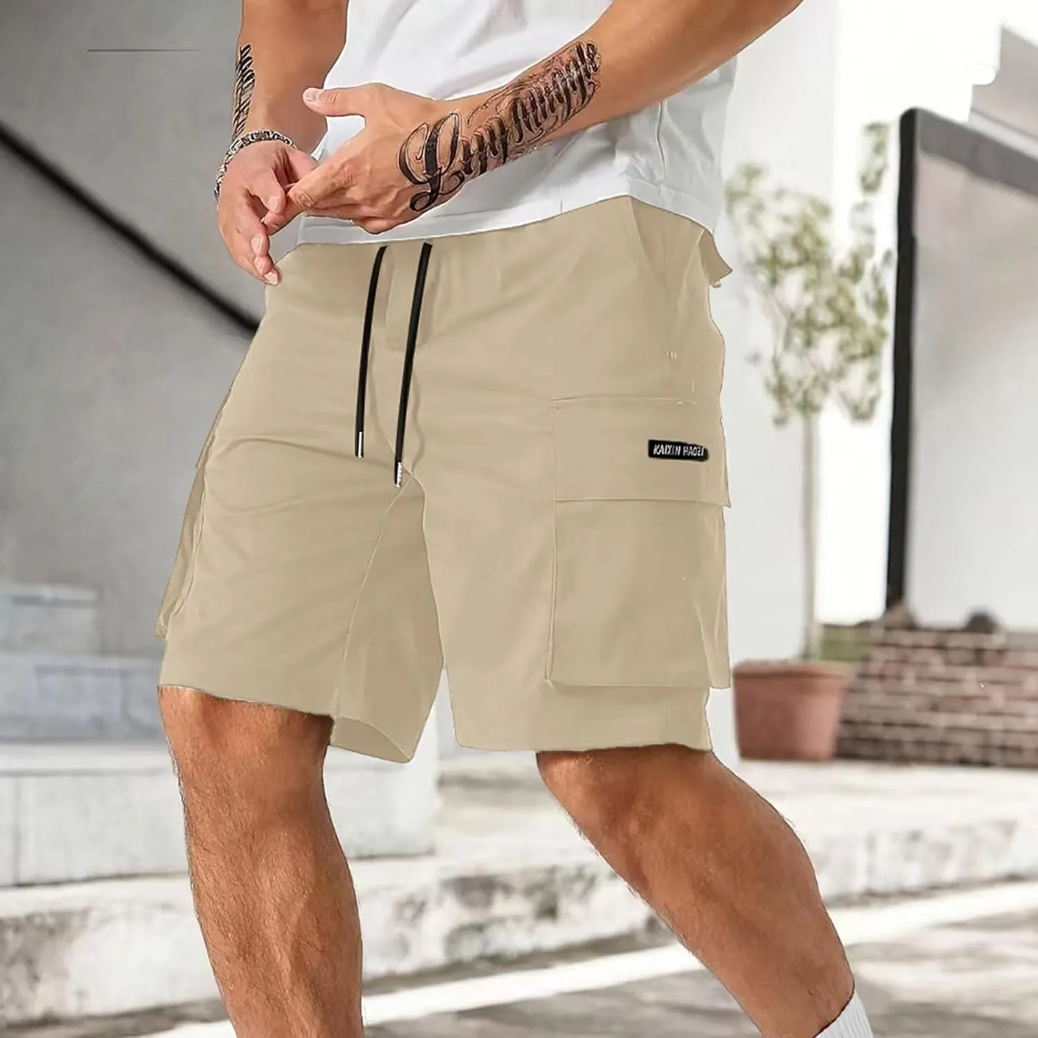 Mens Cargo Work Shorts Elastic Waist Loose Cotton Casual Outdoor Lightweight Golf Hiking Shorts with Multi Pockets