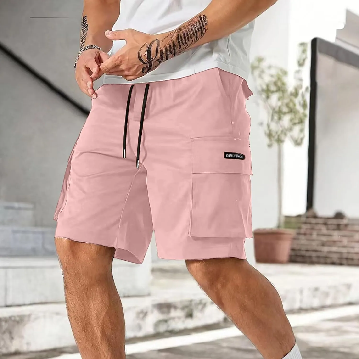 Mens Cargo Work Shorts Elastic Waist Loose Cotton Casual Outdoor Lightweight Golf Hiking Shorts with Multi Pockets