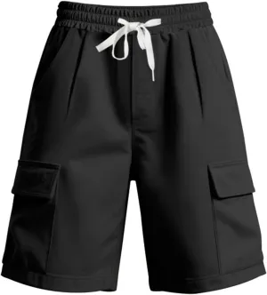 Men's Cotton Cargo Sweat Shorts Heavyweight Elastic Waistband Hiking Work Short Drawstring Casual Shorts
