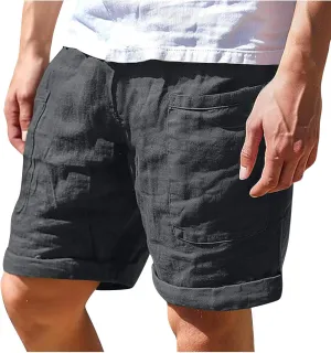 Mens Drawstring Lounge Shorts Elastic Waist Solid Color Cotton Linen Short Summer Casual Loose Shorts with Pockets