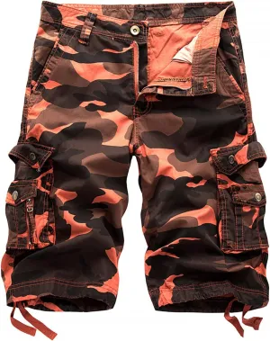 Men's Elastic Waistband Camo Cargo Shorts Relaxed Fit Summer Casual Hiking Workout Capri Shorts with Multi Pockets