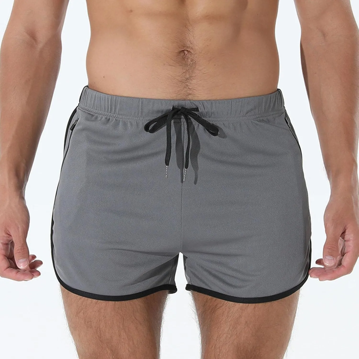 Men's Running Shorts Drawstring Bodybuilding Short Breathing Quick Dry Workout Training Pants with Zipper Pockets