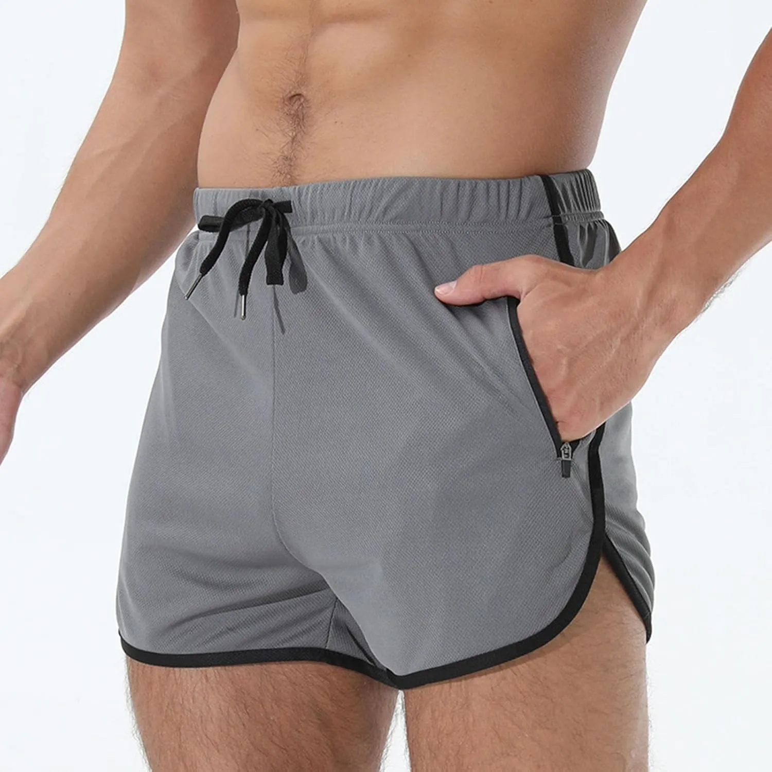 Men's Running Shorts Drawstring Bodybuilding Short Breathing Quick Dry Workout Training Pants with Zipper Pockets