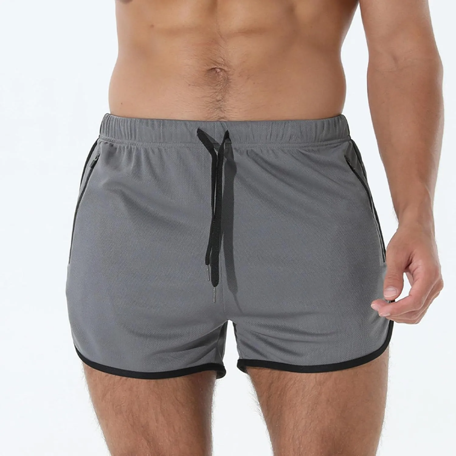 Men's Running Shorts Drawstring Bodybuilding Short Breathing Quick Dry Workout Training Pants with Zipper Pockets