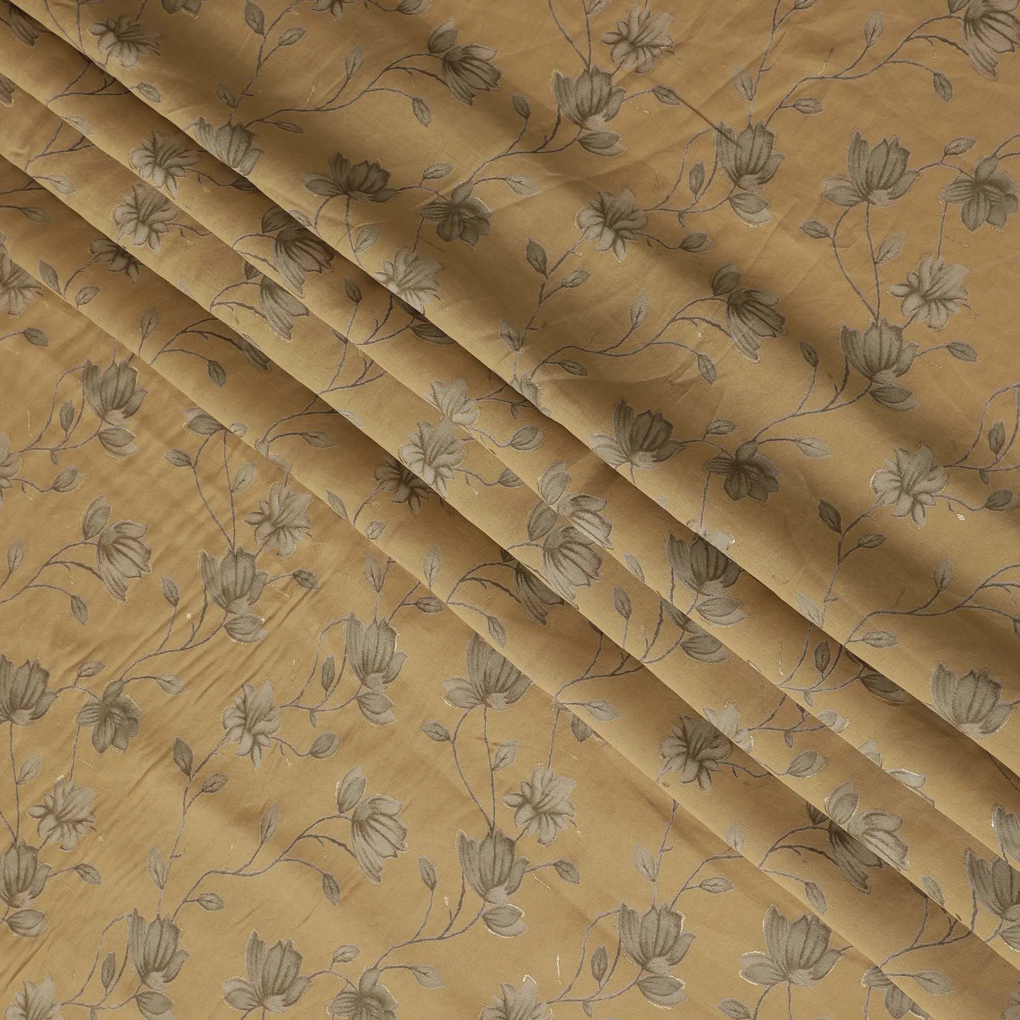 Olive green Synthetic blended cotton fabric with same tone and gold foil print in floral design-D16733