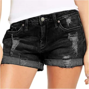 Ripped Denim Shorts for Women High Waisted Stretch Casual Boyfriend Jean Shorts Plain Color Rolled Hem Hot Shorts