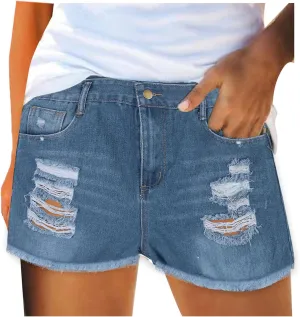 Ripped Denim Shorts for Women High Waisted Stretch Plain Color Fashionable Distressed Jean Shorts with Pockets Frayed Raw Hem Hot Short Pants Womens Shorts for Summer
