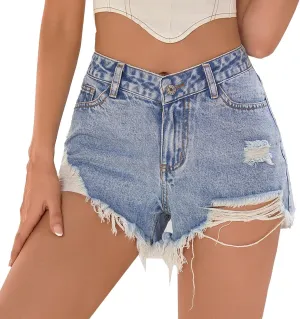 Ripped Denim Shorts for Women High Waisted Stretchy Plain Color Fashionable Vintage Shorts Jeans with Pockets Fray Hem Hot Short Pants Summer Shorts for Women 2023