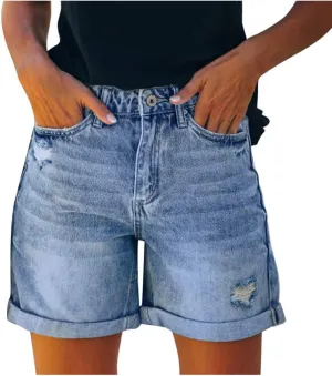 Ripped Denim Shorts for Women Low Rise Stretch Pure Color Fashionable Vintage Short Jeans Rolled Up Hem Hot Shorts