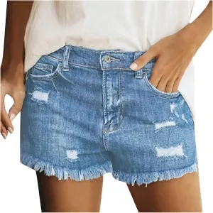 Shorts for Women Denim High Waist Ripped Stretchable Mom Jeans Shorts Plain Color Trendy Frayed Raw Hem Slim Shorts