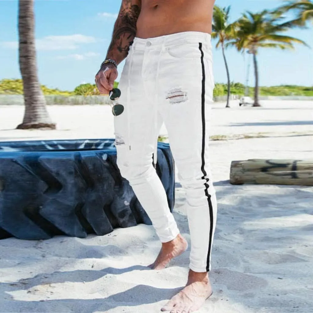 SUWBMHWE Mens Jeans Slim Fit,Mens Ripped Stretch Distressed Destroyed Jeans Skinny Jeans Side Striped Denim Pants